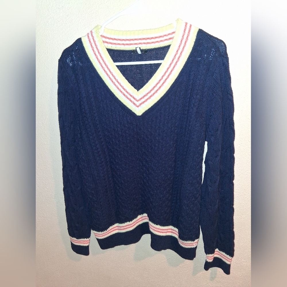 Talbots V Neck Cotton Linen Blend Cable Knit Tennis Prep L - Picture 2 of 7
